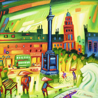 A vibrant, expressionist painting depicting a bustling city square with colorful buildings, a monument, and people milling around. By Raymond Murray